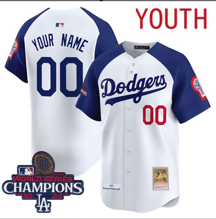 Youth MLB Los Angeles Dodgers Custom white 2024 World Series Champions Patch Cooperstown Jersey style 8->customized mlb jersey->Custom Jersey